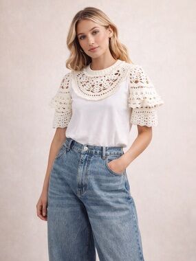 Sea New York Cleo white crochet combo t shirt top size XXS boho festival pirate